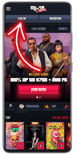 Casino homepage on mobile with login button highlighted in the top menu