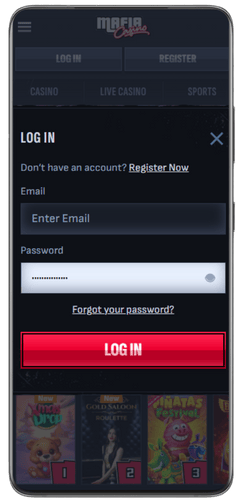 Casino login form on mobile with email and password fields