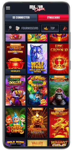 Page d'accueil mobile du casino affichant